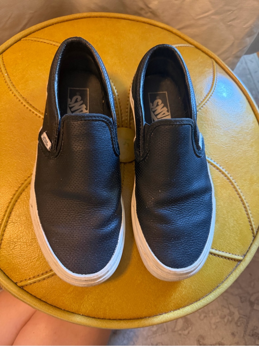 Vans Black Leather Slip-On Sneakers with White Sole